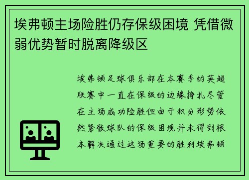 埃弗顿主场险胜仍存保级困境 凭借微弱优势暂时脱离降级区