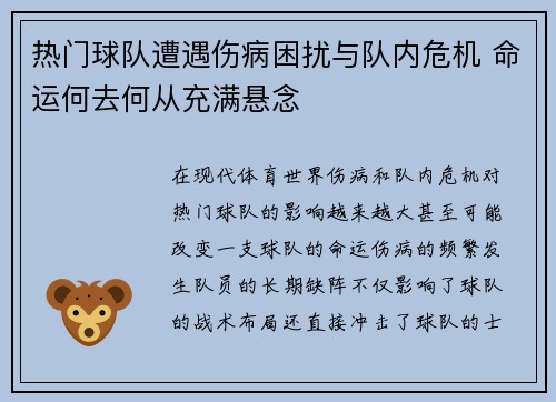 热门球队遭遇伤病困扰与队内危机 命运何去何从充满悬念