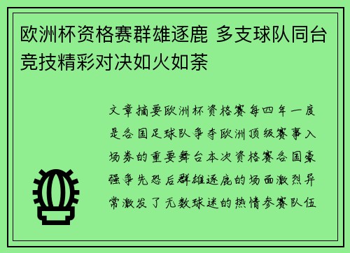欧洲杯资格赛群雄逐鹿 多支球队同台竞技精彩对决如火如荼