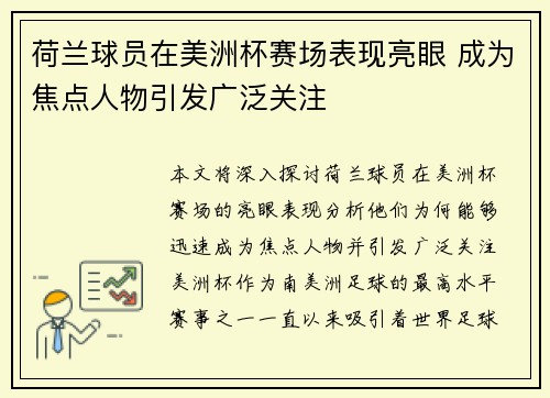 荷兰球员在美洲杯赛场表现亮眼 成为焦点人物引发广泛关注