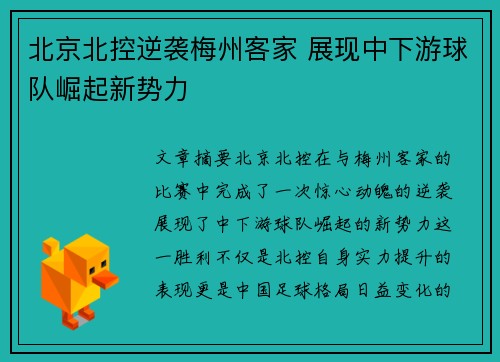 北京北控逆袭梅州客家 展现中下游球队崛起新势力