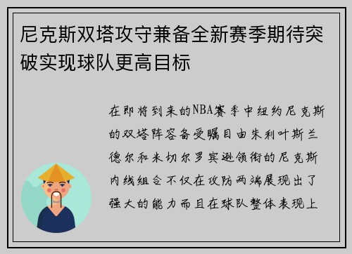 尼克斯双塔攻守兼备全新赛季期待突破实现球队更高目标