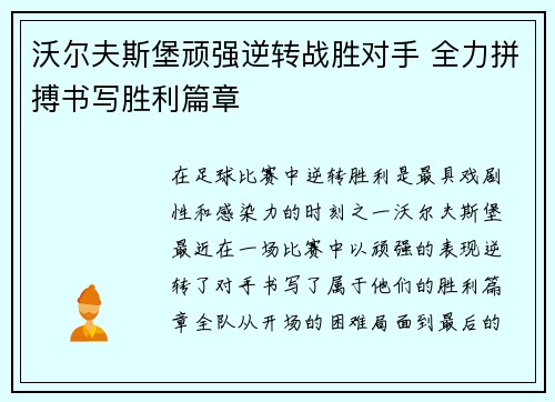 沃尔夫斯堡顽强逆转战胜对手 全力拼搏书写胜利篇章