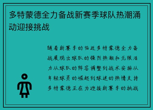 多特蒙德全力备战新赛季球队热潮涌动迎接挑战