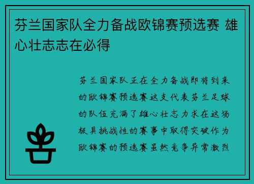 芬兰国家队全力备战欧锦赛预选赛 雄心壮志志在必得